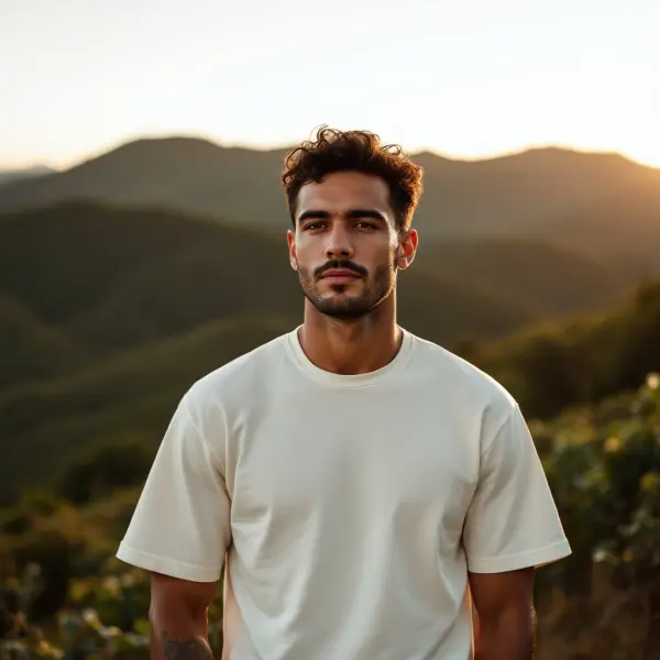 Homem com camiseta off-white diante das montanhas ao entardecer