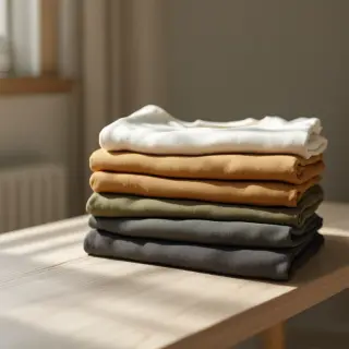 Pilha de camisetas dobradas em creme, ocre, oliva e grafite