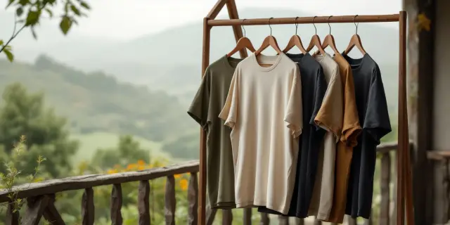 Camisetas penduradas em arara na varanda, com o vale ao fundo